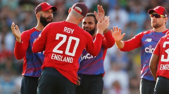 England v Pakistan: England's Adil Rashid celebrates taking the wicket of Pakistan's Sohaib Maqsood, caught by Jason Roy(Action Images via Reuters)