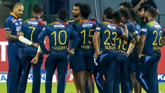 Shikhar Dhawan interacts with Sri Lankan players after the completion of 3rd T20I.(Getty)