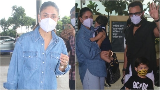 Today, Bollywood actors Kareena Kapoor Khan and Saif Ali Khan with their sons, Taimur Ali Khan and Jeh Ali Khan, were snapped at the Mumbai airport. The family were snapped by the paparazzi outside the departure gates. However, it is not known where the family is off to.(HT Photo/Varinder Chawla)