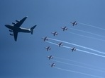 On the occasion of Air Force Day, the IAF put up a scintillating display in the air as a combination of 75 aircraft, drawn from both vintage and modern fleet of the IAF performed skilful manoeuvres in the sky to also mark the platinum jubilee year of India's Independence.(Bloomberg)