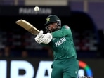 Pakistan's Asif Ali hits a six during the Cricket Twenty20 World Cup match between Pakistan and Afghanistan in Dubai, UAE, Friday, Oct. 29, 2021. (AP Photo/Aijaz Rahi)(AP)