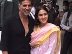 Akshay Kumar and Sara Ali Khan pose for the paparazzi outside Anand L Rai's office in Andheri. (Varinder Chawla)