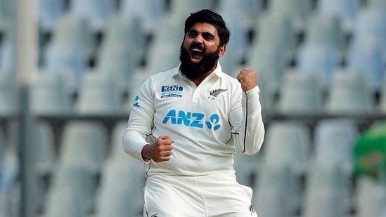 New Zealand's Ajaz Patel celebrates the dismissal of India's Mohammed Siraj on the second day of the 2nd Test match between India and New Zealand, at Wankhede Stadium, in Mumbai on Saturday. This was his 10th wicket of the innings.(ANI )