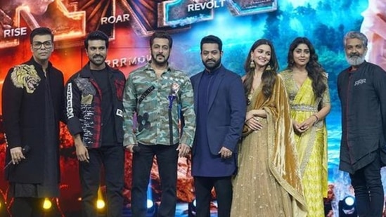 Karan Johar, Ram Charan, Salman Khan, Jr, NTR, Alia Bhatt, Shriya Saran and S.S Rajamouli at Roar of RRR event in Mumbai.(Twitter/@RRR)