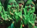 Trinamool Congress (TMC) supporters on Tuesday celebrated the party's victory in the Kolkata Municipal Corporation (KMC) elections, near West Bengal Chief Minister and TMC leader Mamata Banerjee's residence in Kolkata.(AFP)