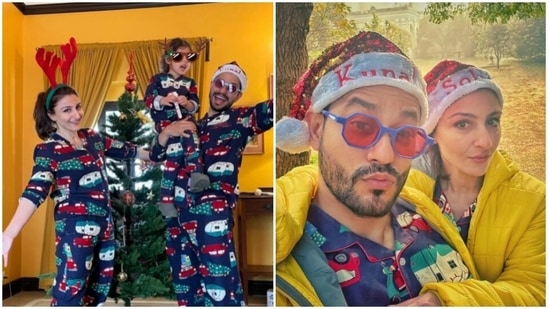 Soha Ali Khan, Kunal Kemmu and Inaaya had a blast on Christmas. The adorable family, who spent Christmas at the Pataudi Palace with Soha's mom Sharmila Tagore, did it all – from posing in customised Christmas caps with their names on it to wearing matching pajamas and having a lot of fun. Pictures inside.(Instagram)