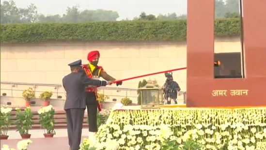 In a historic moment, the flame of the Amar Jawan Jyoti at India Gate was merged with the flame at National War Memorial on Friday. (Screenshot from footage)