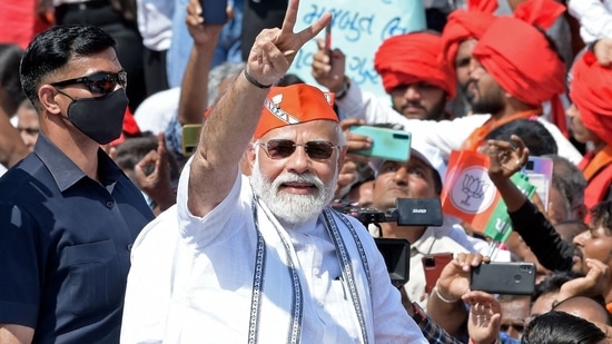 Prime Minister Narendra Modi held a roadshow here on Friday, just a day after the Bharatiya Janata Party (BJP) won in four out of five states including Uttar Pradesh, Uttarakhand, Manipur and Goa in recently concluded assembly polls.(AFP)