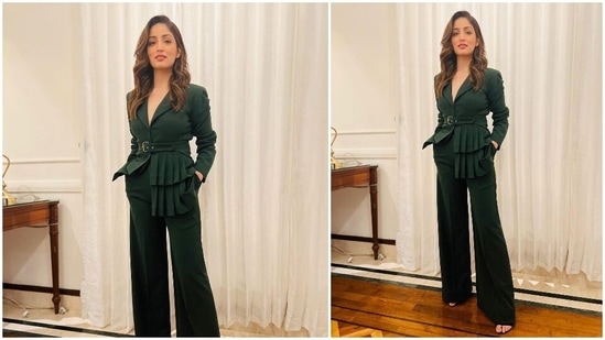 Yami Gautam has had a very hectic past couple of months with back to back promotions of her films A Thursday and Dasvi. The former received a great response from moviegoers and she is now occupied with the promotions of Dasvi. At a recent promotional event of Dasvi, the actor donned a foster green blazer suit.(Instagram/@yamigautam)