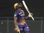 Kolkata Knight Riders Andre Russell celebrate his half century during the IPL 2022 match between Kolkata Knight Riders and Punjab Kings at Wankhede Stadium in Mumbai on Friday(ANI)