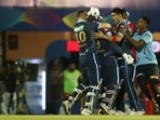 Mumbai: Gujarat Titans celebrate the win during T20 cricket match 16 of the Indian Premier League 2022 (IPL season 15) between the Punjab Kings and the Gujarat Titans, at the Brabourne Stadium (CCI) in Mumbai, Friday, April 8, 2022. (Sportzpics for IPL/PTI Photo)(PTI04_08_2022_000226B)(PTI)