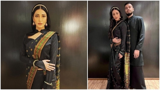 Shruti Haasan, known for her music and unique fashion sense, went all traditional and donned a black pat silk saree as she visits Guwahati, Assam with her beau Santanu Hazarika for Rongali Bihu.(Instagram/@shrutzhaasan)