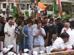 Congress leader Rahul Gandhi leaves for ED office from AICC HQ in New Delhi for the second day of questioning in the National Herald Case.(Arvind Yadav/Hindustan Times)