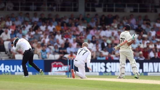 Jack Leach reacts during Henry Nicholls' dismissal(Action Images via Reuters)