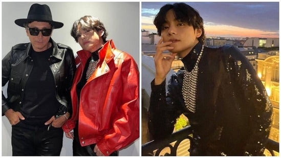 BTS member V, aka Kim Taehyung, met with Celine's creative director Hedi Slimane after attending the Celine men's Spring-Summer 2023 collection. On Monday, the Winter Bear crooner posted a photo with Slimane and a few new dreamy pictures of the stylish look he had donned for the fashion show on Instagram. The post got a lot of love from ARMY (more than nine million likes), who had rushed to see the star outside the Palais de Tokyo, where Hedi Slimane showcased his new collection.(Instagram/@thv)