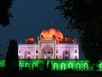 A view of Humayun’s Tomb illuminated on the eve of Independence Day, in New Delhi.(Hindustan Times/Arvind Yadav)