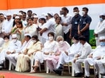 Senior leader and Congress Working Committee member Ambika Soni unfurled the national flag earlier today at the AICC headquarters on the occasion of 76th Independence Day as party president Sonia Gandhi was down with Covid.(ANI)