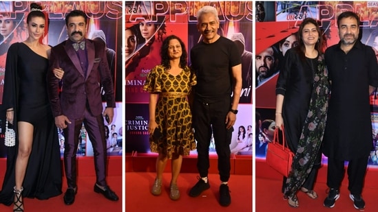 Eijaz Khan and Pavitra Punia, Atul Kulkarni with wife Geetanjali and Pankaj Tripathi with wife at Applause Entertainment party. Eijaz had starred in their show Mayanagri while Pankaj Tripathi featured in Criminal Justice. (Varinder Chawla)