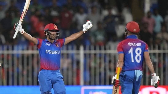 Afghanistan's Najibullah Zadran, left, celebrate after hitting wining boundary during the T20 Asia Cup(AP)