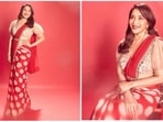 Madhuri Dixit has been ruling hearts of many for decades with not just her elegance and charm but also her personality. The actor is now judging the celeb dance show Jhalak Dikhla Jaa. For a recent episode, she arrived on the sets in a red retro saree and stole the limelight.(Instagram/@madhuridixitnene)