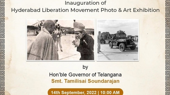 In this poster, shared by the culture ministry - the photograph used is a rare image of the then Home Minister Sardar Vallabhbhai Patel and the last Nizam Mir Osman Ali Khan, who are seen exchanging greetings.(Twitter)