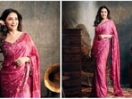 Madhuri Dixit, the ultimate 'Dhak-Dhak' girl, once again made fans go gaga over her traditional look in a beautiful rani pink block printed saree.(Instagram/@madhuridixt)