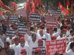 Samajwadi Party MLAs march in Lucknow holding anti-government slogans. (Deepak Gupta/HT)