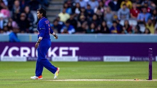 India's Deepti Sharma runs out England's Charlie Dean to win the third women's one-day international(AP)