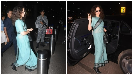 Kangana Ranaut was spotted at the Mumbai airport late Sunday night. She impressed her fans with her look in a simple saree and heels. During the day, she took part in the auction of PM Narendra Modi's gifts that were presented to him at special occasions. She bid for Ram Janam Bhumi soil and Ram Mandir design at the event. (Varinder Chawla)