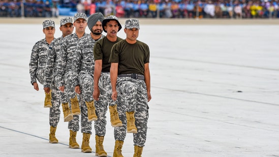 On the occasion of 90th anniversary celebrations of the Indian Air Force, a ceremonial parade was held at the air force station in Chandigarh on Saturday morning.(PTI)