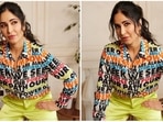 Katrina Kaif once again gave the fashion gods a run for their money with her funky yet stylish outfit. For the latest promotional event of Phone Bhoot, Katrina opted for a semi-formal look. She donned a multi-coloured printed shirt and cargo trousers.(Instagram/@katrinakaif)