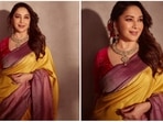 The gorgeous Madhuri Dixit has time and again proved she is the ultimate 'dhak dhak' girl. From traditional wear to fancy gowns, she can pull off any look effortlessly. The actor once again cast a spell on her fans with her latest timeless look in a traditional silk saree.(Instagram/@madhuridixitnene)