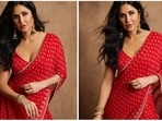 Katrina Kaif was recently spotted attending a pre-Diwali bash in Mumbai along with her husband Vicky Kaushal. For the occasion, the Phone Bhoot actor draped a red sharara saree while Vicky complemented his wife in a dark blue sherwani.(Instagram/@katrinakaif)