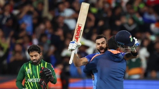 India's Virat Kohli reacts after winning the T20 World Cup match against Pakistan in Melbourne(AP)