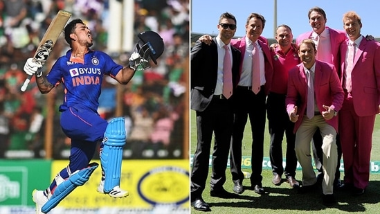 Ishan Kishan in the left frame and Australia legends Michael Clarke, Mark Nicholas, Michael Slater, Glenn McGrath, Brett Lee and the late Shane Warne on the right(Getty Images )