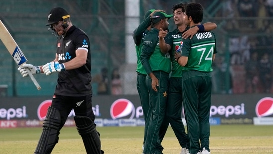 Pakistan's Naseem Shah, second right, celebrates with teammates(AP)