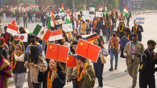 A number of school students, including international students from  G20 countries, and teachers on Saturday, participated in the G-20 'World Peace March' from Gandhi Darshan near Rajghat to Chart Lal Goel Heritage Park at Red Fort. The event was organised by former Union minister and BJP leader Vijay Goel. (PTI)