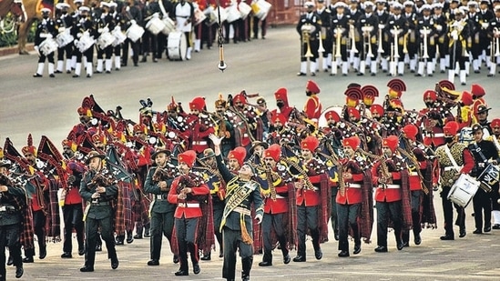 Indian Armed Force bands perform at the Beating Retreat ceremony.