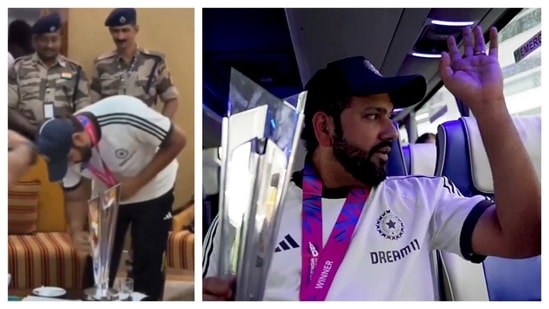 Rohit Sharma took some time out to clean the ICC T20 World Cup trophy in the lead-up to India’s victorious bus parade(ANI-X)