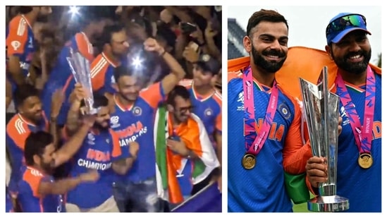 Kohli warmly embraced his longtime teammate Rohit as the duo lifted the T20 World Cup trophy in India's victory parade (PTI)