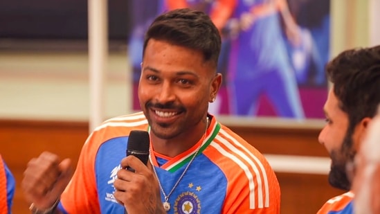 Hardik Pandya speaks during an interaction with Prime Minister Narendra Modi in New Delhi(PTI)