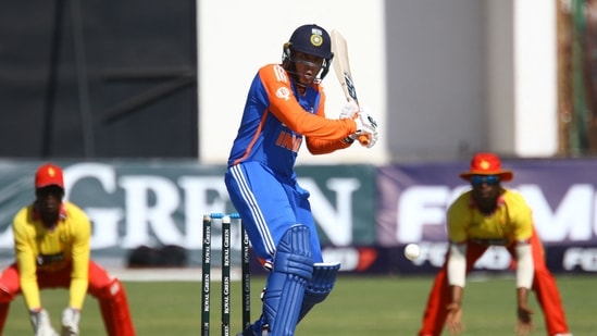 India's Abhishek Sharma plays a shot during the second T20 international cricket match between Zimbabwe and India(AFP)