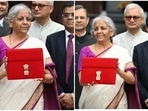 Nirmala Sitharaman posed with a tablet in a traditional bahi khata-styled pouch, dressed in an elegant beige saree adorned with purple borders, and paired with a matching purple blouse. This look came ahead of the Union Budget 2024-25, following the tabling of the Economic Survey.