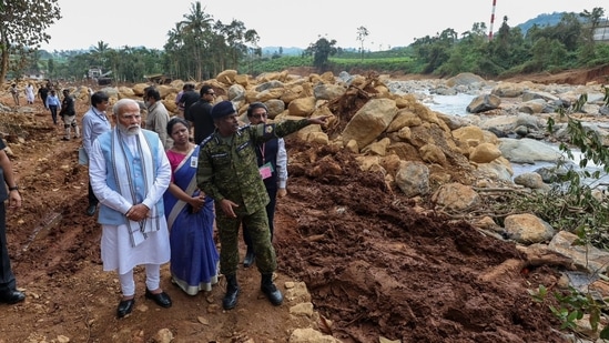 During his on-the-ground assessment of the affected areas, the Prime Minister was briefed by Kerala’s ADGP (law and order), MR Ajith Kumar.(GoI)