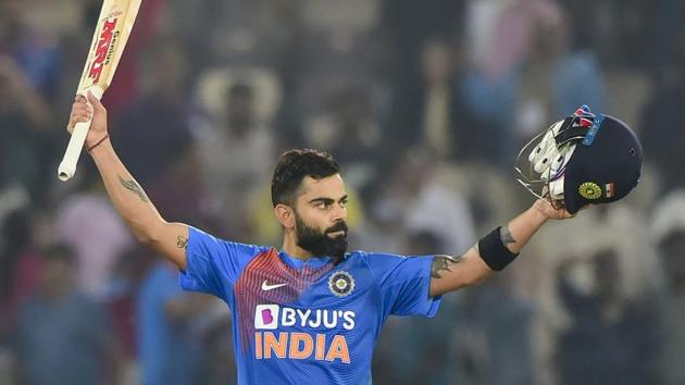 Hyderabad: India's Virat Kohli celebrates after win the first T20 match against West Indies at Rajiv Gandhi International Stadium. (PTI)