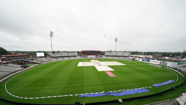 Manchester: The pitch area is seen covered after rain delayed start of the third day of the second cricket Test match between England and West Indies at Old Trafford in Manchester, England, Saturday, July 18, 2020. AP/PTI(AP18-07-2020_000083B) (AP)