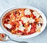 Baked tomato & mozzarella orzo in a casserole dish