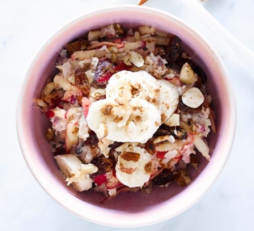 Bircher muesli with apple and banana in a bowl