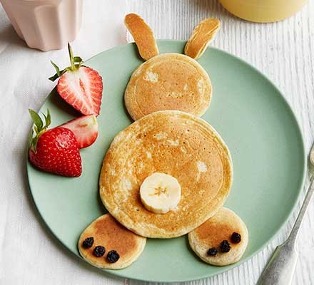 Healthy Easter bunny pancakes served on a plate