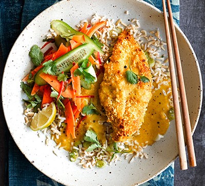 Chicken katsu with rice and vegetables on white plate